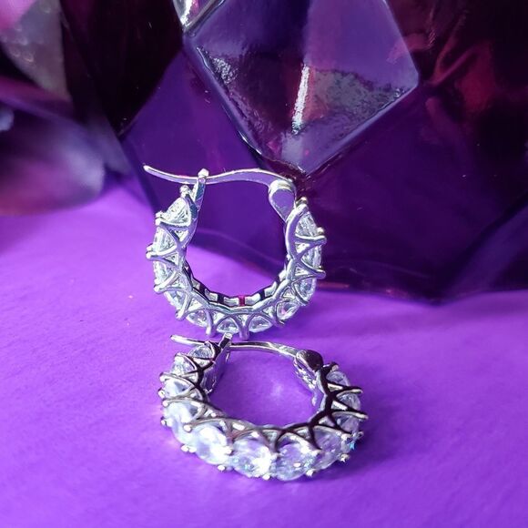 Clear White Diamond Hoop Earrings on 925 Sterling Silver Women's - Picture 3 of 10